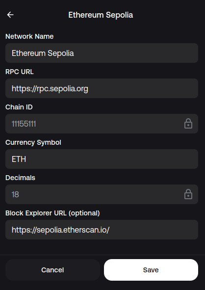 Sepolia Network info Zerion